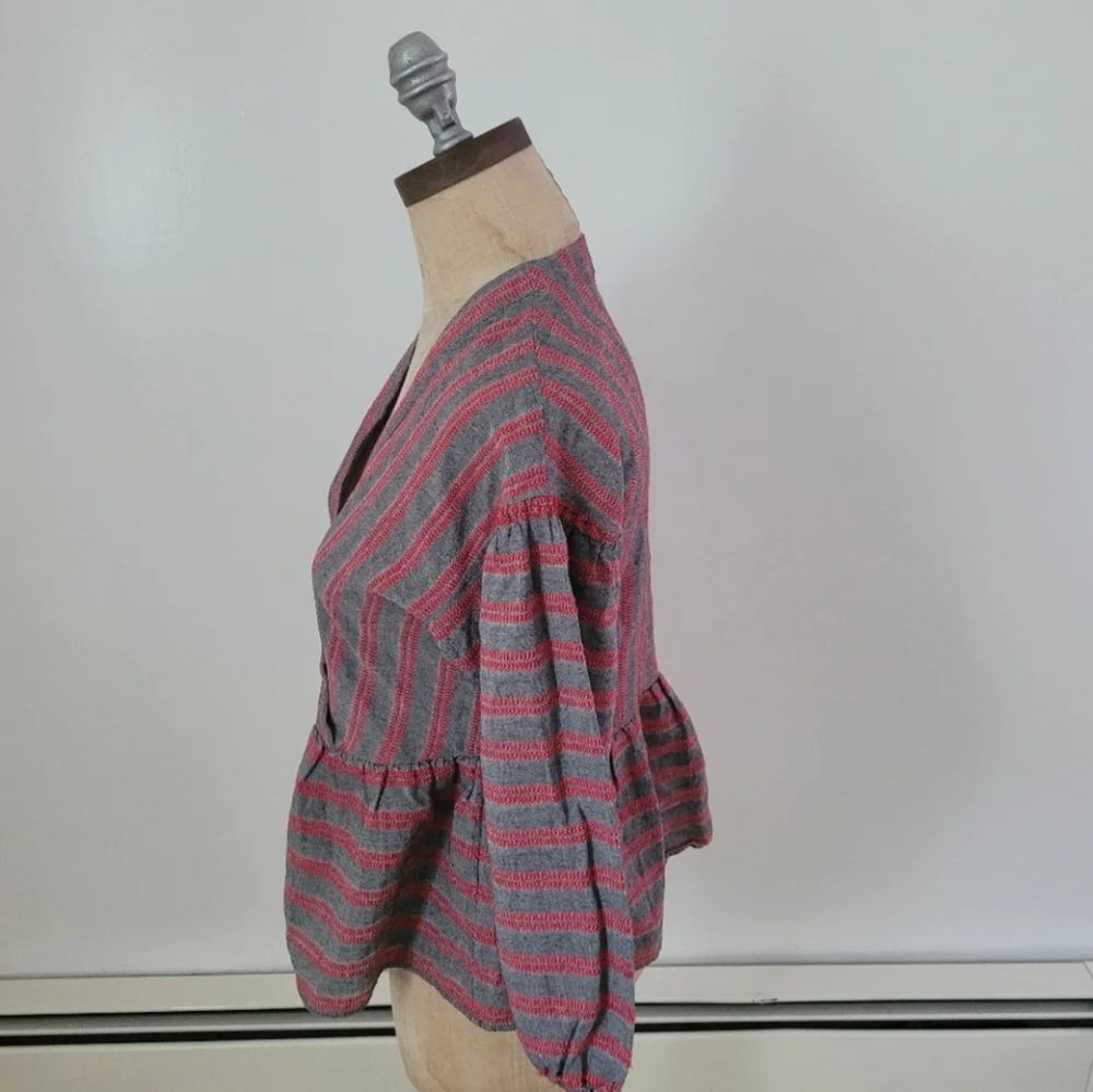 Madewell Balloon Puff Sleeve Peplum Blouse Gray Red Stripe XS